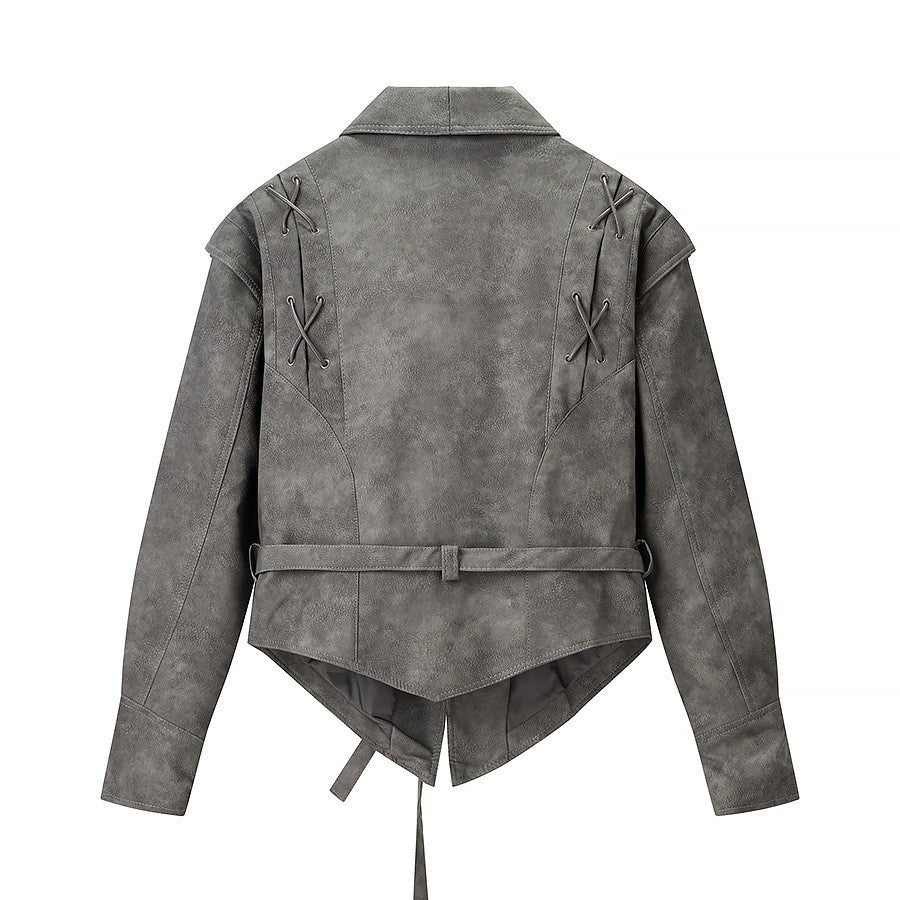 Damen Kurzjacke aus Veloursoptik mit Wickelgürtel und Schnürdetail Nord Taschen
