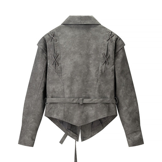 Damen Kurzjacke aus Veloursoptik mit Wickelgürtel und Schnürdetail Nord Taschen