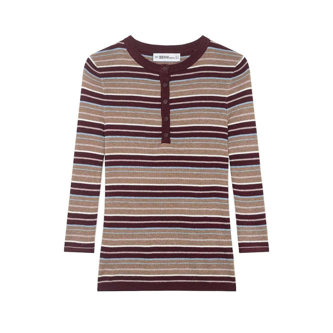 Damen Rippstrick-Longsleeve mit Henley-Knopfleiste und feinem Streifenmuster Nord Taschen