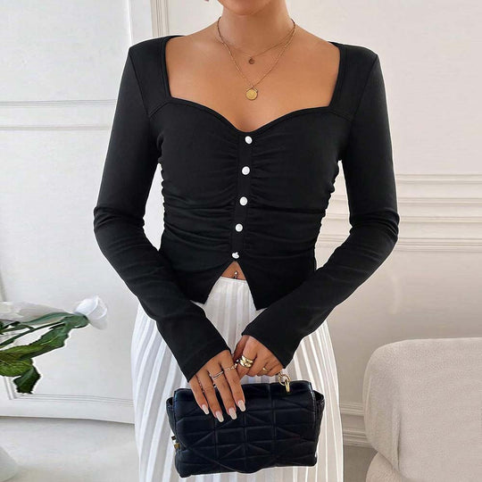 Damen figurbetontes gerafftes Langarm-Cropped-Top mit quadratischem Dekolleté und Zierknopfleiste Nord Taschen