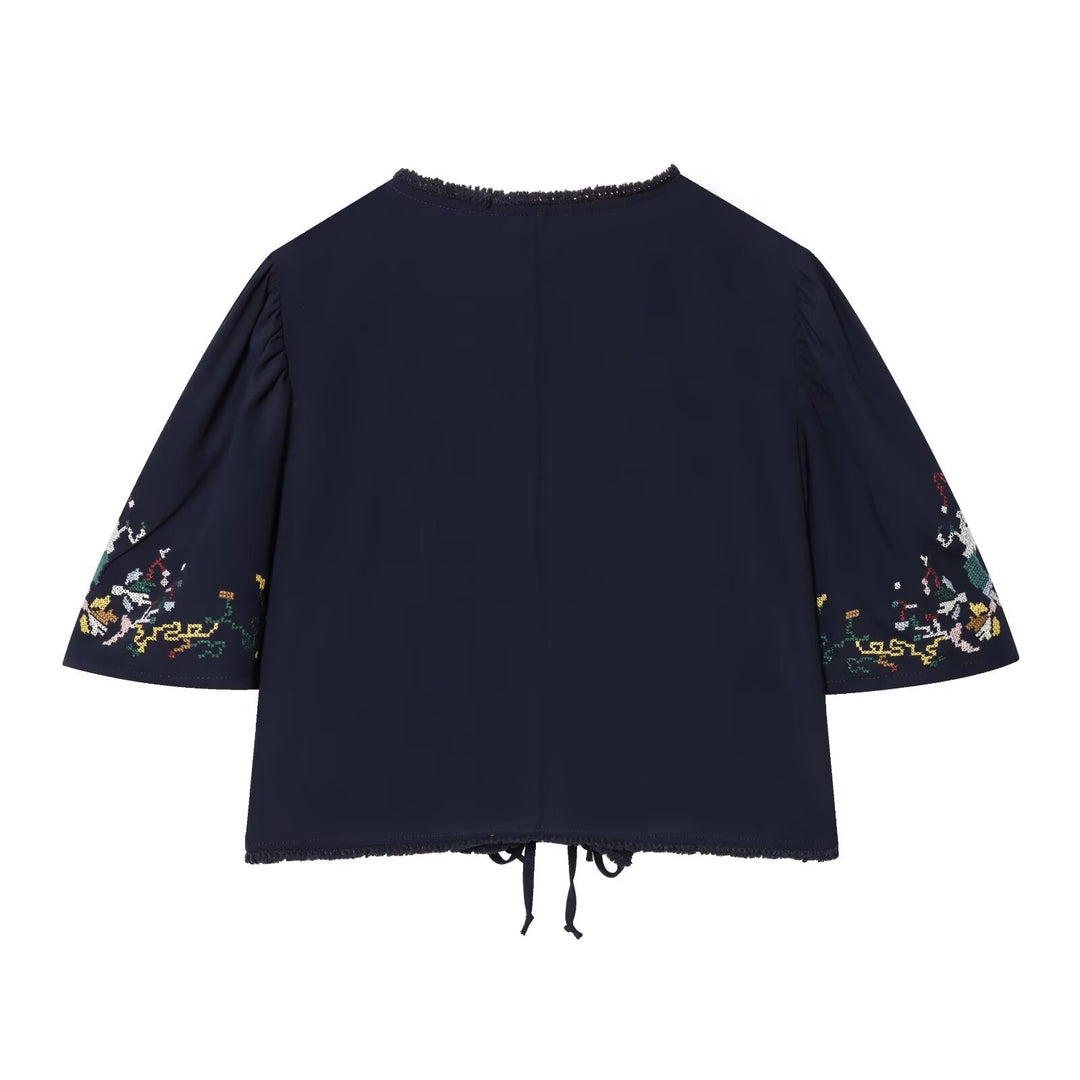 Damen Bestickte Kimono‑Bluse mit Bindebändern und Zierhäkelkante Nord Taschen