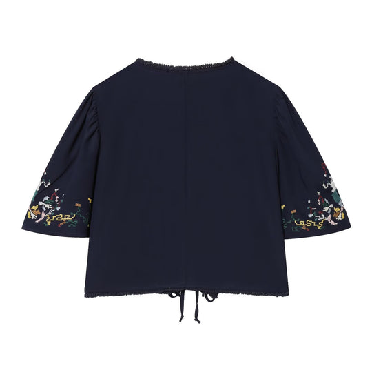 Damen Bestickte Kimono‑Bluse mit Bindebändern und Zierhäkelkante Nord Taschen