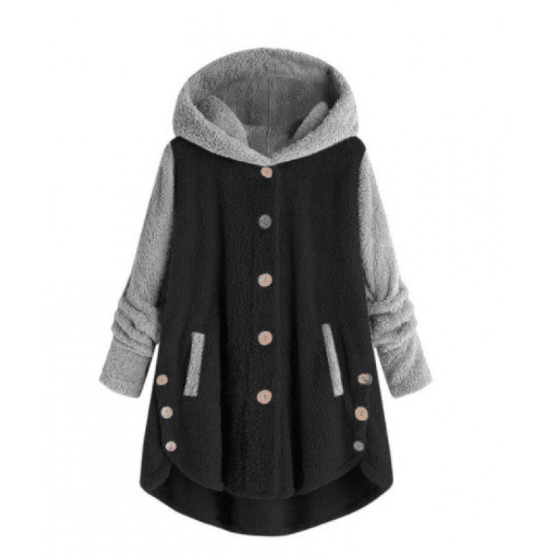 Damen Oversized Teddy-Mantel mit Kapuze, asymmetrischem Zipfelsaum und Holzknopf-Leiste Nord Taschen