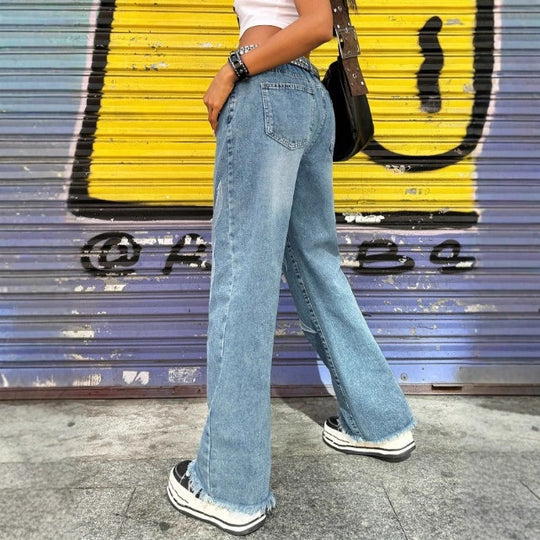 Damen weite Denim-Jeanshose mit Tribal-Applikation, rohem Saum und relaxed Fit Nord Taschen