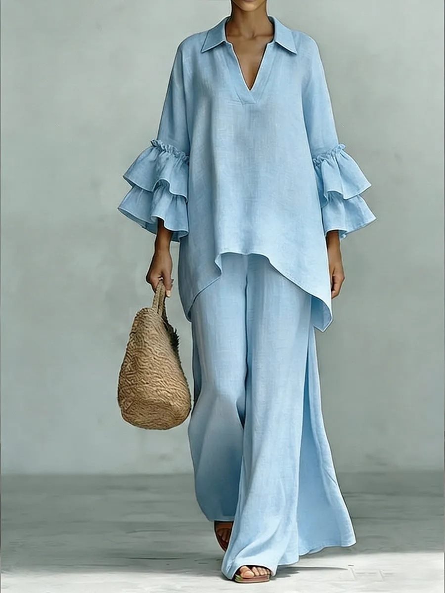 Damen Leinen-Loungewear-Set mit Volantärmeln und weitem Palazzo-Hose Nord Taschen