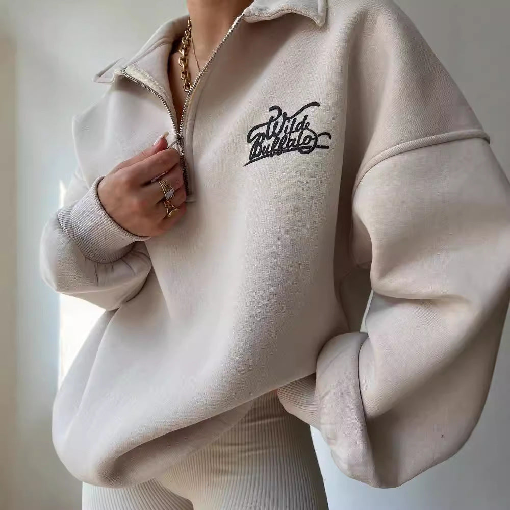 Damen Oversized Halbzip-Sweatshirt mit Stehkragen und gesticktem Logo Nord Taschen