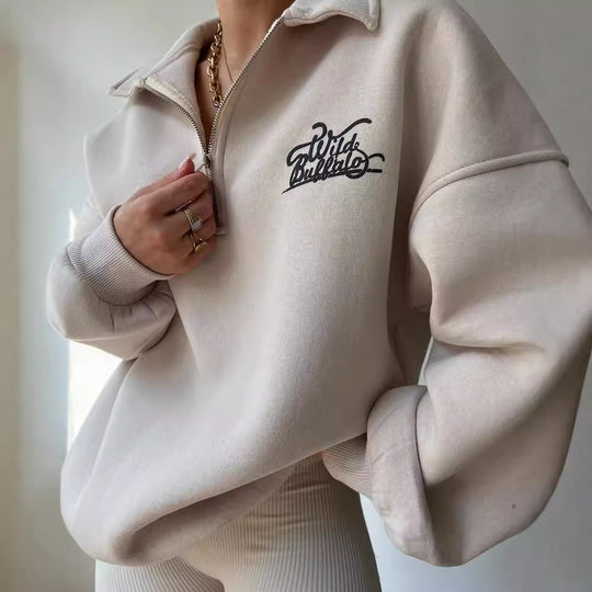 Damen Oversized Halbzip-Sweatshirt mit Stehkragen und gesticktem Logo Nord Taschen