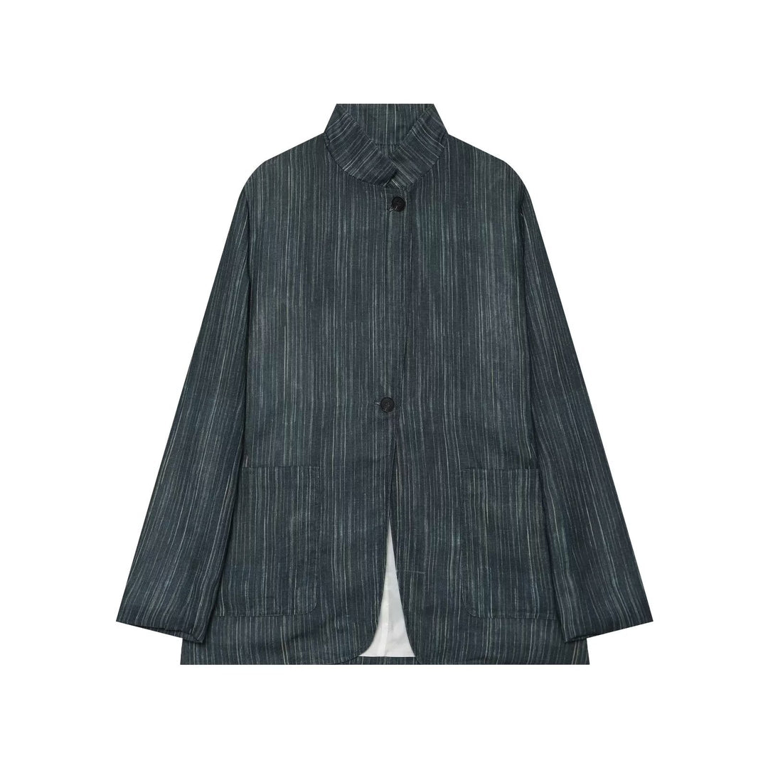 Damen Lockerer Longblazer im Nadelstreifen‑Look mit Stehkragen und aufgesetzten Taschen Nord Taschen