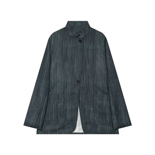 Damen Lockerer Longblazer im Nadelstreifen‑Look mit Stehkragen und aufgesetzten Taschen Nord Taschen