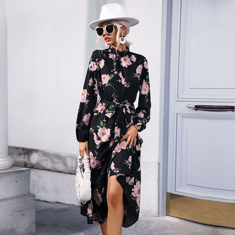 Damen Maxikleid mit floralem Allover‑Print, Stehkragen, langen Ballonärmeln und Volant Nord Taschen