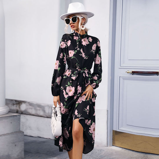 Damen Maxikleid mit floralem Allover‑Print, Stehkragen, langen Ballonärmeln und Volant Nord Taschen