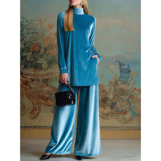 Damen Oversize-Samt-Set mit Rollkragen und weitem Palazzohose Nord Taschen