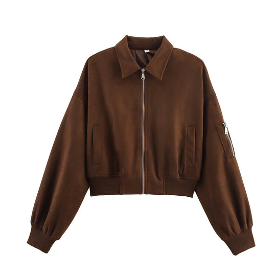 Damen Cropped Bomberjacke in Veloursoptik mit Hemdkragen, Ärmel-Tasche und tailliertem Rippbund Nord Taschen