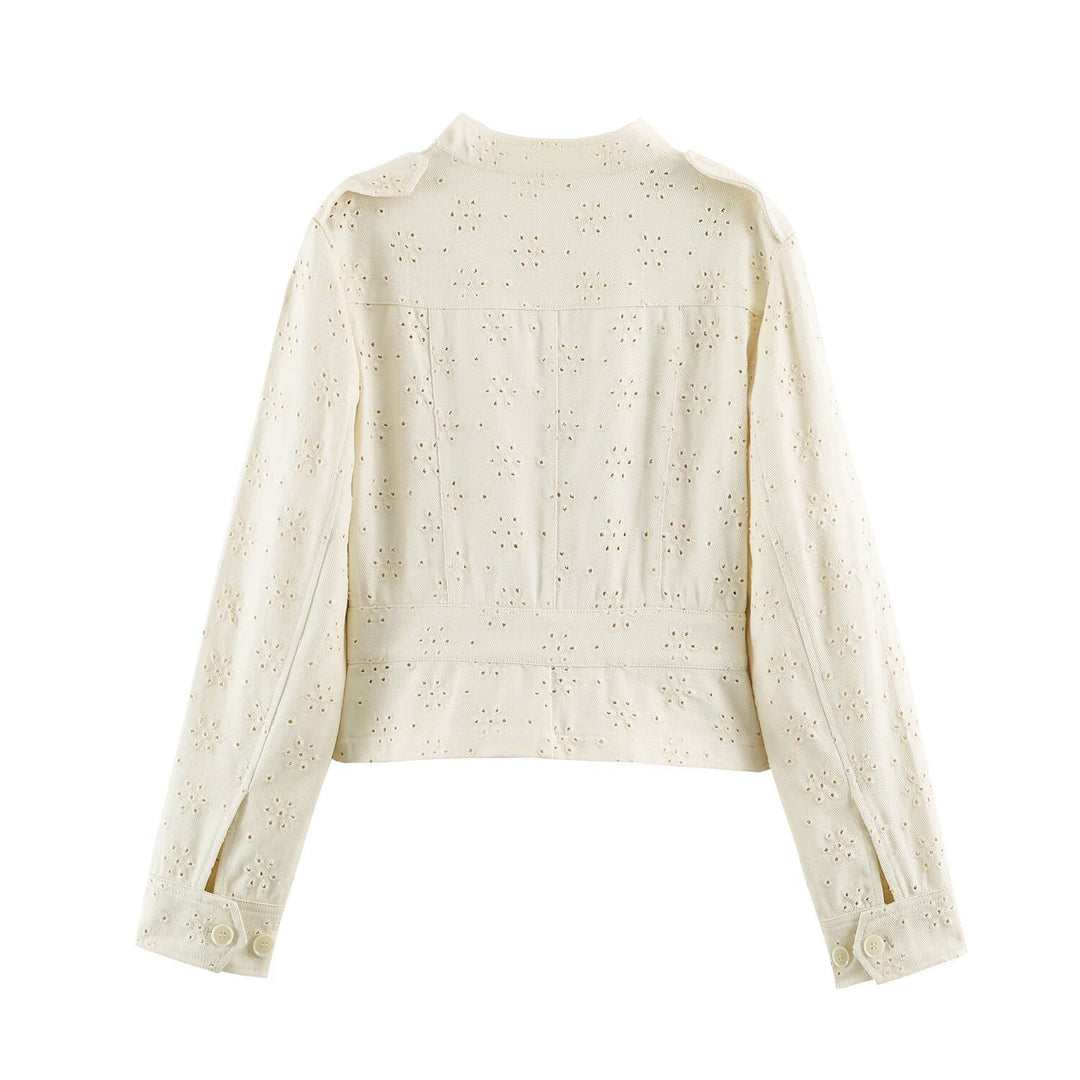 Damen Kurze Broderie‑Anglaise Jacke im Utilitarstil mit Stehkragen und Pattentaschen Nord Taschen