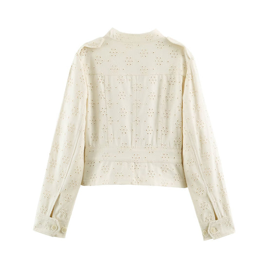 Damen Kurze Broderie‑Anglaise Jacke im Utilitarstil mit Stehkragen und Pattentaschen Nord Taschen