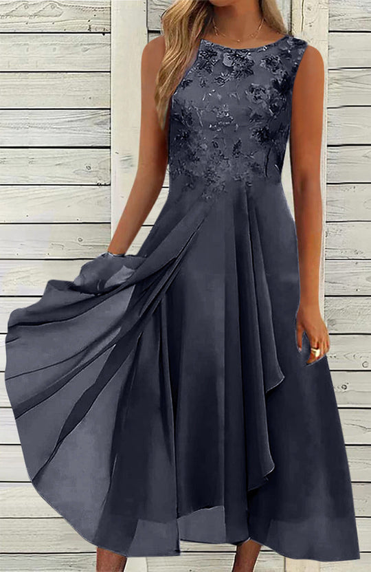 Damen nan ärmelloses Chiffon-Midikleid mit bestickter Brustpartie und asymmetrischem Lagenrock - Arvani