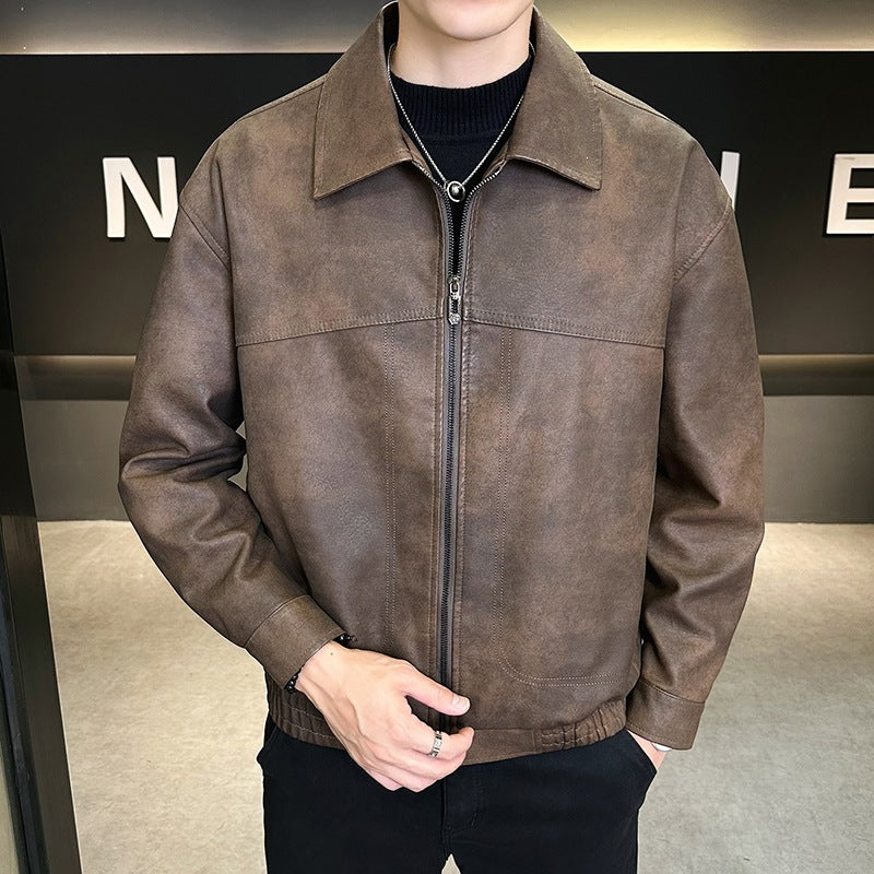 Herren Oversize Utility-Bomberjacke aus Kunstleder mit geripptem Saum und Hemdkragen Nord Taschen