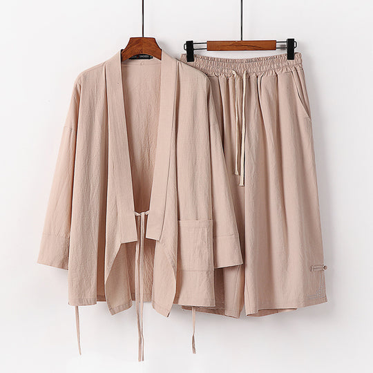Damen Zen-Kimono-Lounge-Set aus atmungsaktivem Baumwollmix mit Bindebandjacke und weiten Culotte-Hose Nord Taschen