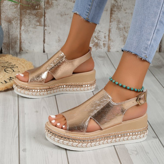 Damen Riemensandalen mit modischer Schmuckverzierung und Plateau-Rand