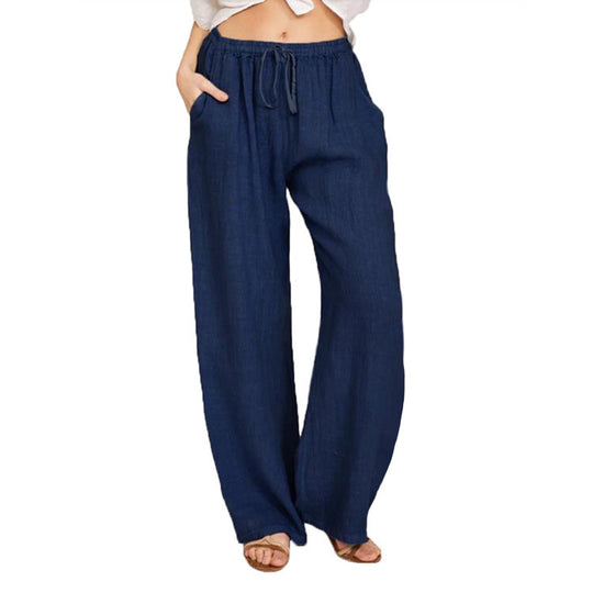 Damen Sommerliche Leinen-Palazzohose mit elastischem Bund, Seitentaschen und weitem Bein Nord Taschen