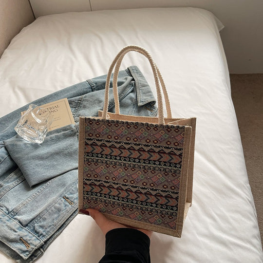 Damen Jute-Tragetasche mit dekorativem Ethno-Muster Nord Taschen