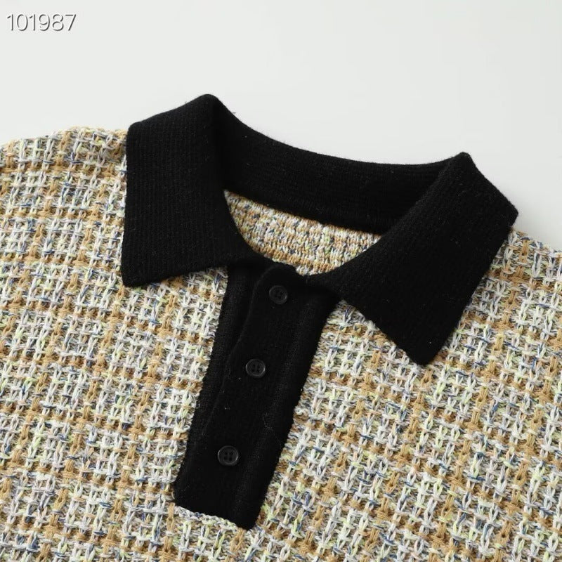 Damen Feinstrick-Polo mit Tweed-Optik, langarm und kontrastierendem Kragen Nord Taschen