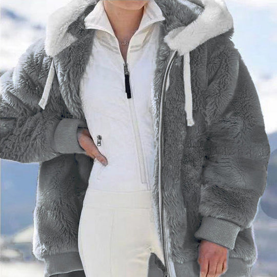 Damen Oversized Sherpa-Zipjacke mit Kontrastkragen, Rippbündchen und Kordelzug Nord Taschen