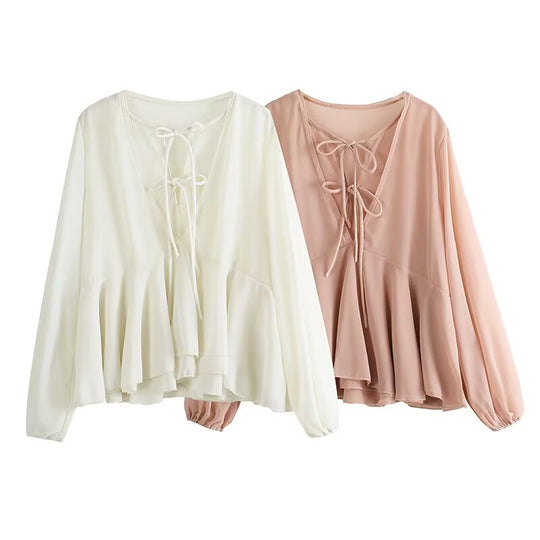 Damen Weiche Chiffonbluse mit Schnürung, V‑Ausschnitt und Volantsaum Nord Taschen