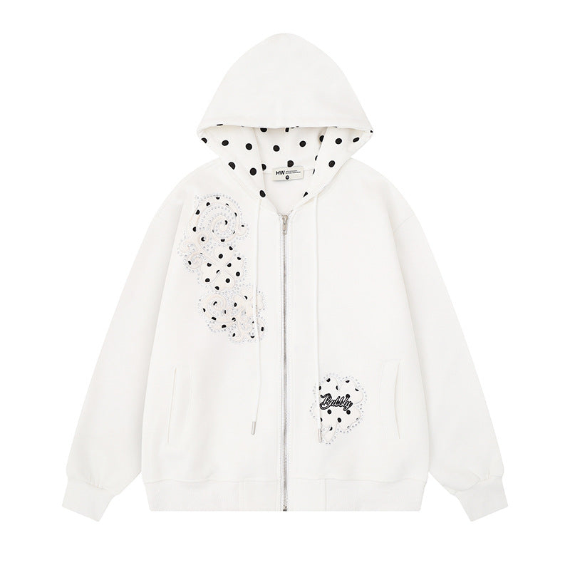 Damen Kapuzen-Sweatjacke mit durchgehendem Reißverschluss, gepunktetem Innenfutter und dekorativen Applikationen Nord Taschen