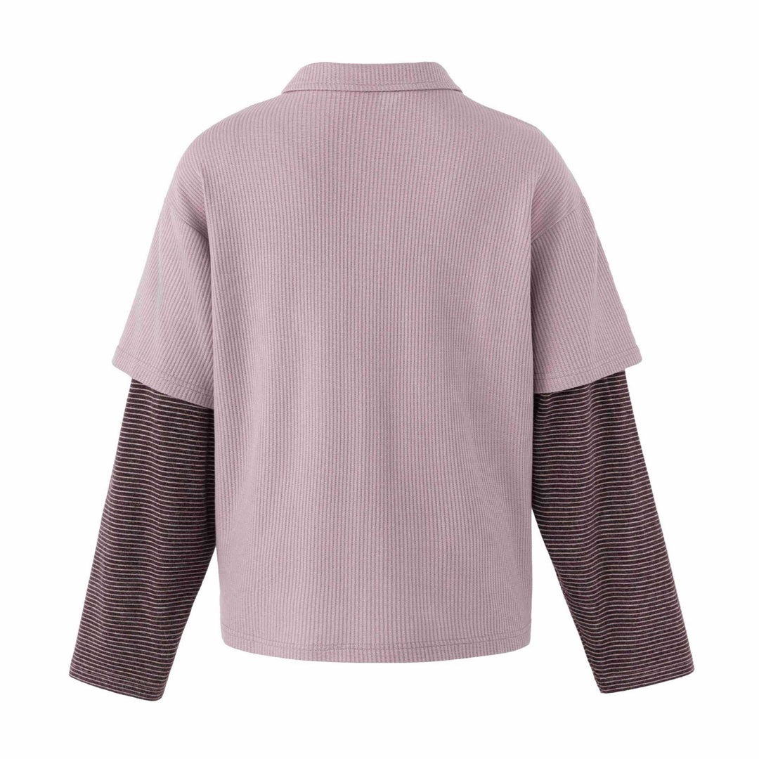 Damen Lässiges Layered-Polo-Shirt mit Rippenstruktur und gestreiften Einsatzärmeln Nord Taschen