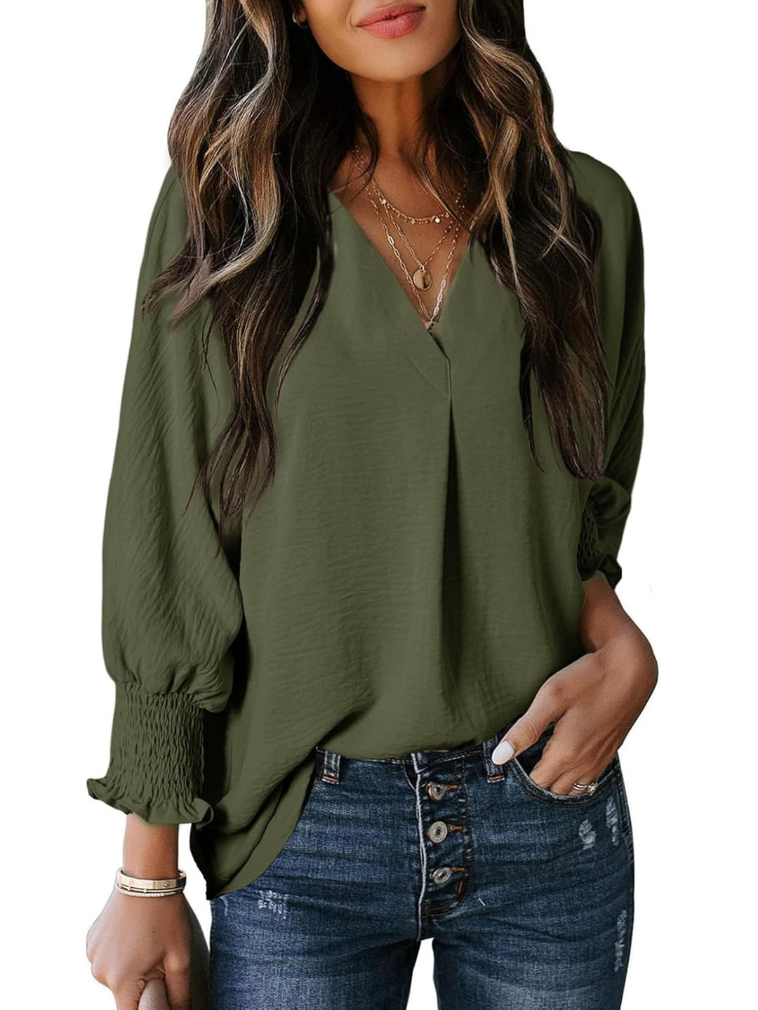Damen V-Ausschnitt Bluse mit lässigen Ballonärmeln und Rüschendetails