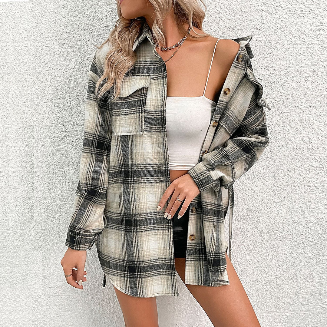 Damen Kariertes Longline-Hemdmantel mit Knopfleiste und Taillengürtel Nord Taschen