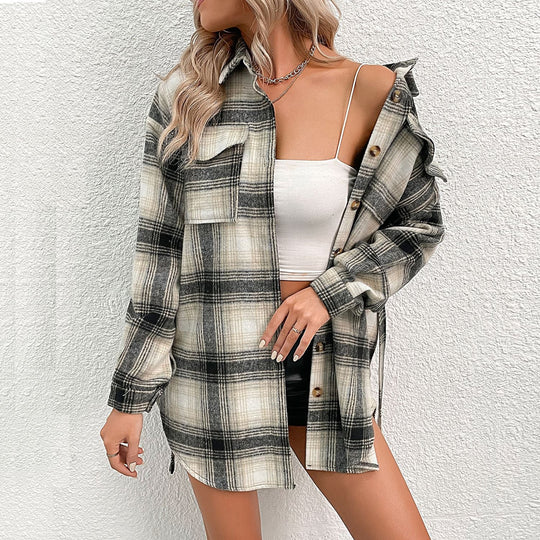 Damen Kariertes Longline-Hemdmantel mit Knopfleiste und Taillengürtel Nord Taschen