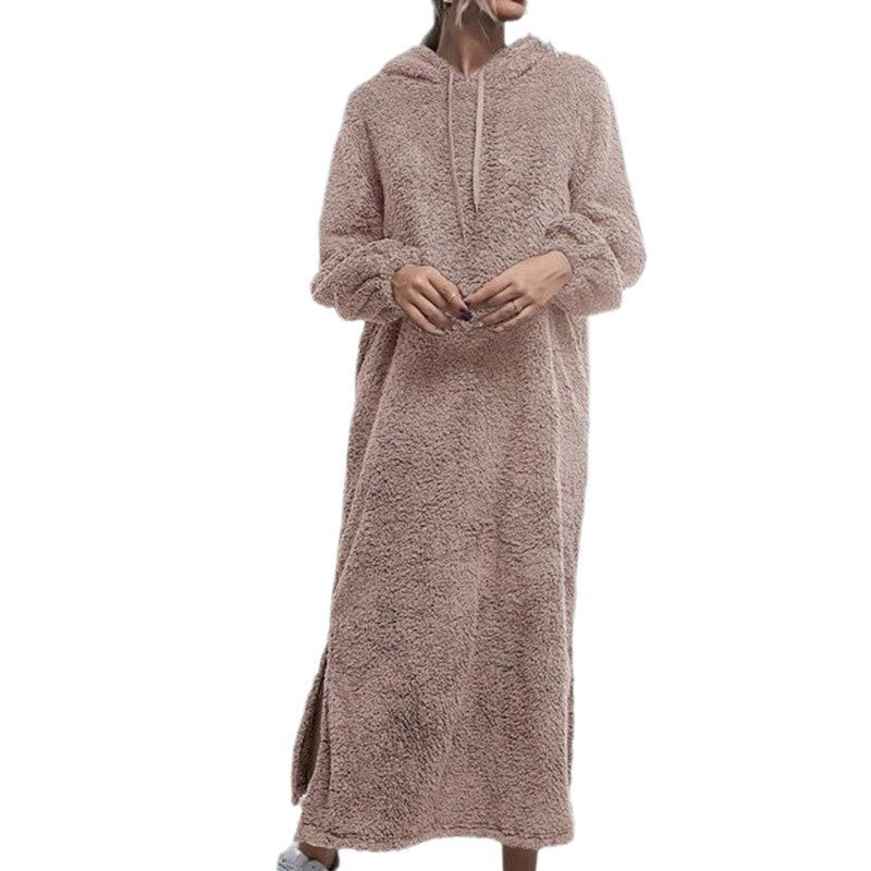 Damen Flauschiger Fleece-Hoodie-Kleid mit Ohren und seitlichen Schlitzen Nord Taschen
