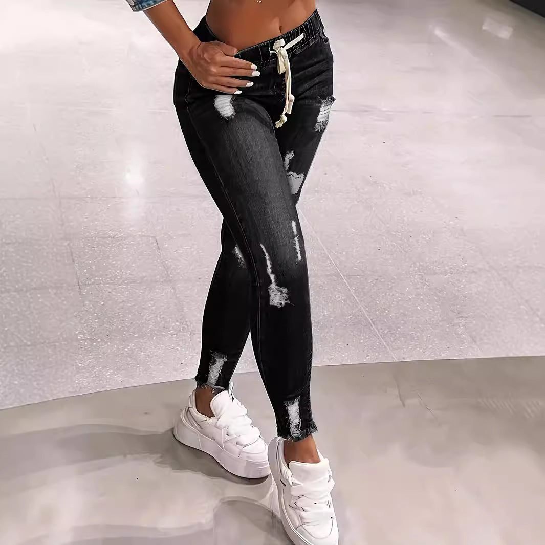 Damen Distressed High‑Waist Jogger-Jeans mit Gummibund, Bindeband und ausgefransten Knöchelabschlüssen Nord Taschen
