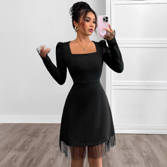 Damen Elegantes Kleid mit Puffärmeln und transparentem Saum Nord Taschen