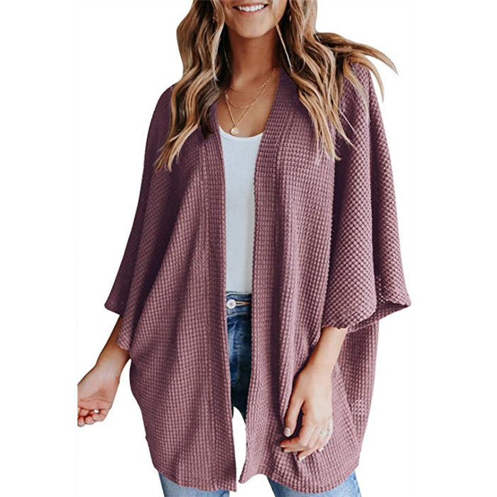 Damen Waffelstrick Offener Kimono-Cardigan mit Fledermausärmeln Nord Taschen
