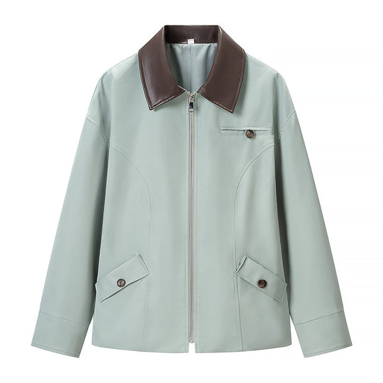 Damen Oversize-Jacke aus Lederoptik mit kontrastierendem Hemdkragen und Reißverschluss Nord Taschen