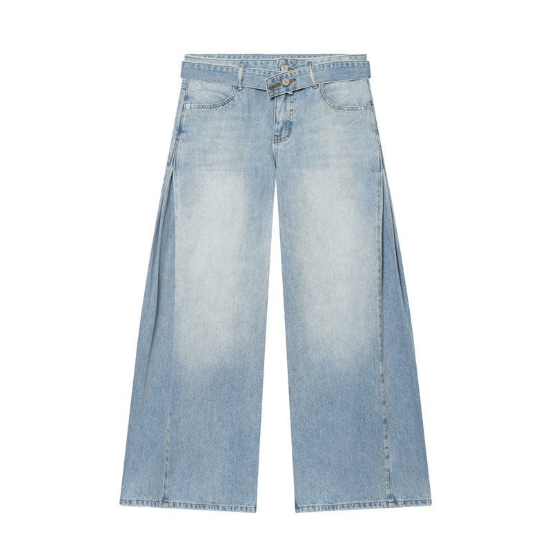 Damen Weite Denim-Hose mit seitlichen Falteneinsätzen, High‑Waist und Taillengürtel Nord Taschen
