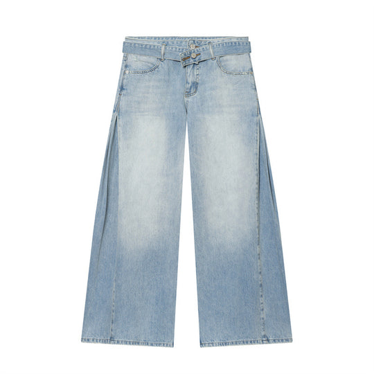 Damen Weite Denim-Hose mit seitlichen Falteneinsätzen, High‑Waist und Taillengürtel Nord Taschen