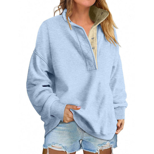 Damen Oversize-Henley-Sweatshirt mit Stehkragen und Druckknopfleiste Nord Taschen