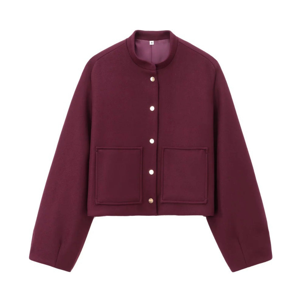 Damen Cropped Wollboxy‑Jacke mit kurzem Stehkragen und aufgesetzten Taschen Nord Taschen