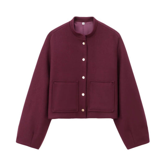 Damen Cropped Wollboxy‑Jacke mit kurzem Stehkragen und aufgesetzten Taschen Nord Taschen