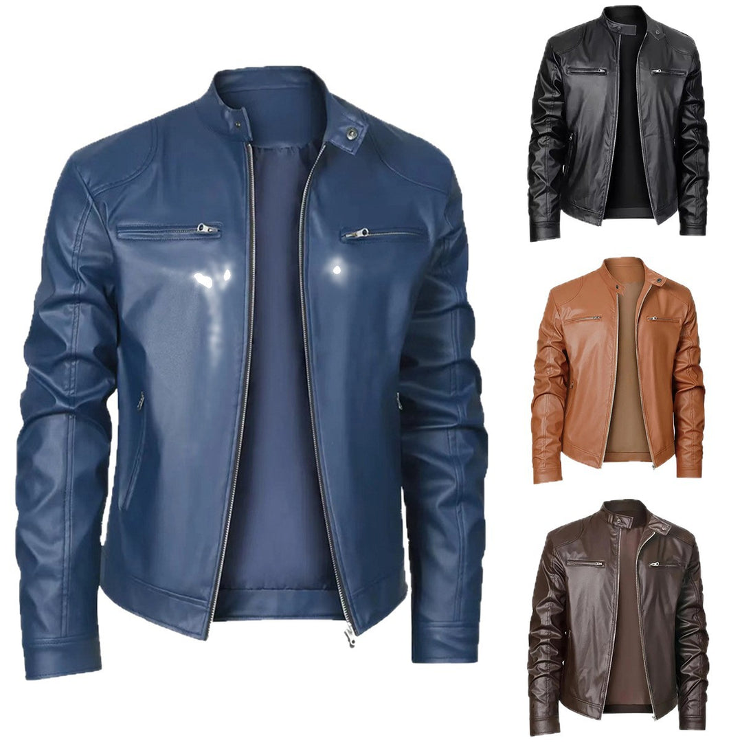Herren schlanke Kunstleder-Bikerjacke mit Stehkragen, durchgehendem Reißverschluss und zwei Brusttaschen Nord Taschen