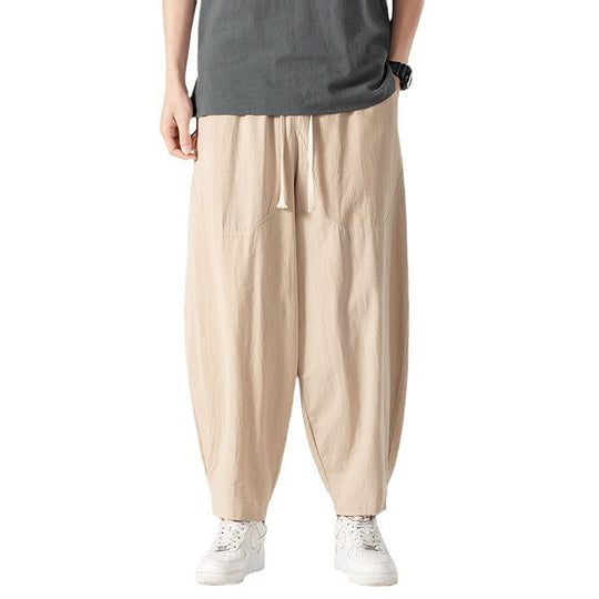 Herren Lässige Leinen-Baumwoll-Hose mit weitem Bein, Kordelzug und aufgesetzten Taschen Nord Taschen