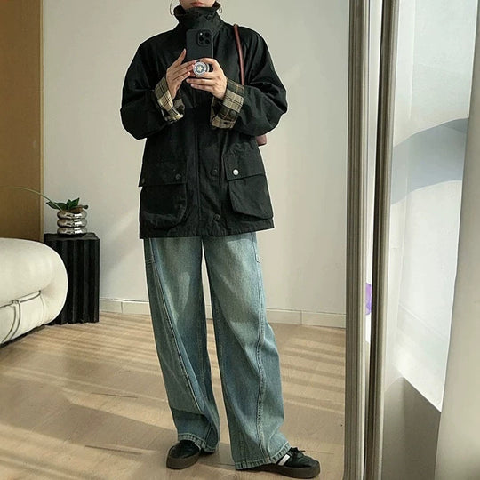 Damen Modische Utility-Jacke mit Karomuster Nord Taschen