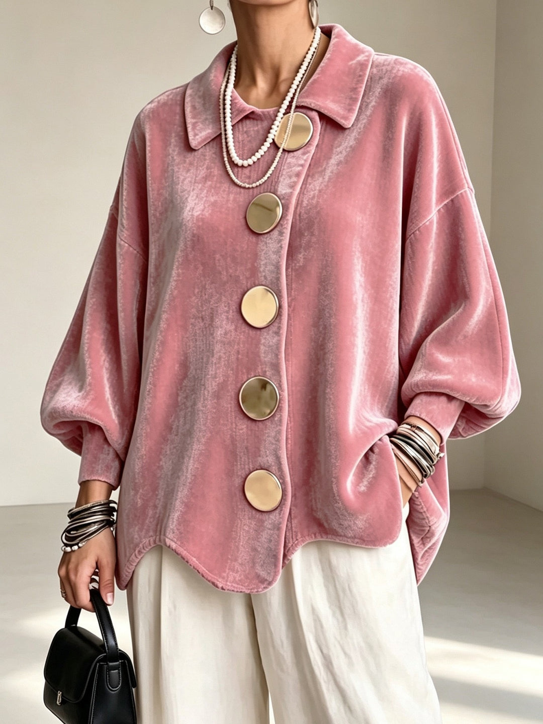 Damen Oversized Samtjacke mit großen Zierknöpfen und Balloon-Ärmeln Nord Taschen