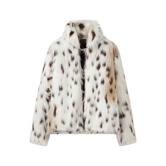 Damen Kurzfelljacke aus Kunstfell mit Leoprint und kastiger Silhouette Nord Taschen