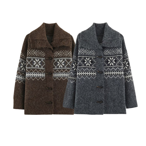 Damen Norwegisch gemusterter Wollmix-Dufflecoat mit Schalkragen und Knebelverschlüssen Nord Taschen