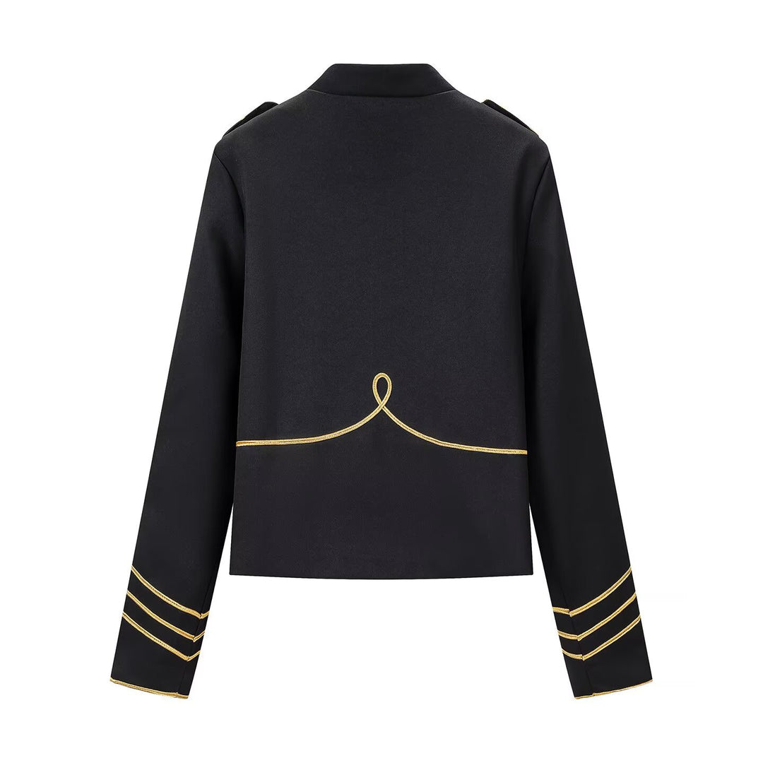 Damen Militärinspirierte Kurzjacke mit Stehkragen und goldenen Zierstreifen Nord Taschen